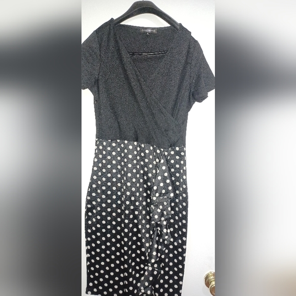 Women's Vintage Short Sleeve V Neck Wrap Polka Dot Pencil Midi Dress - Picture 3 of 4